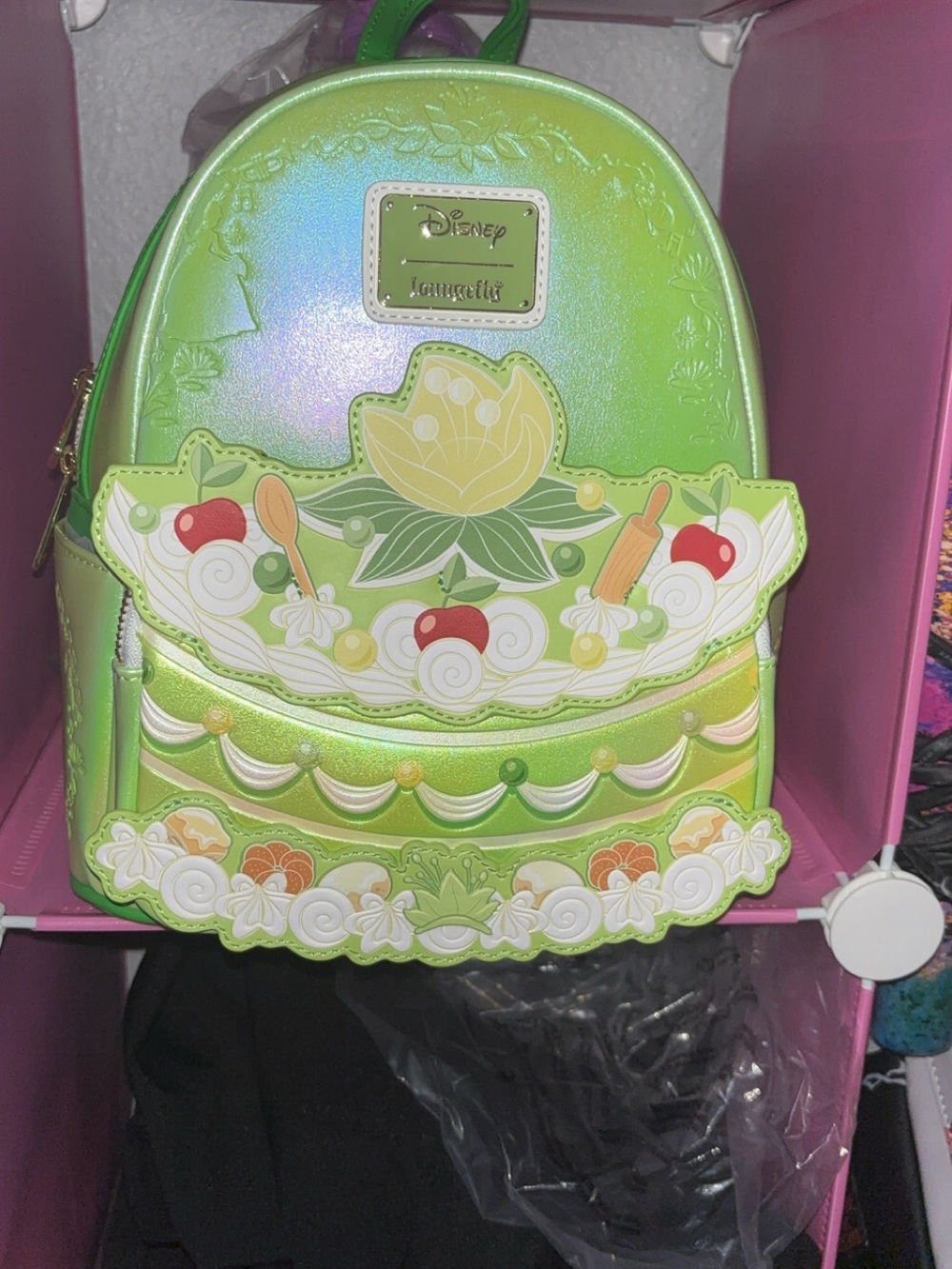 Loungefly Green Iridescent Disney Mini Backpack with Floral Dessert Appliqué
